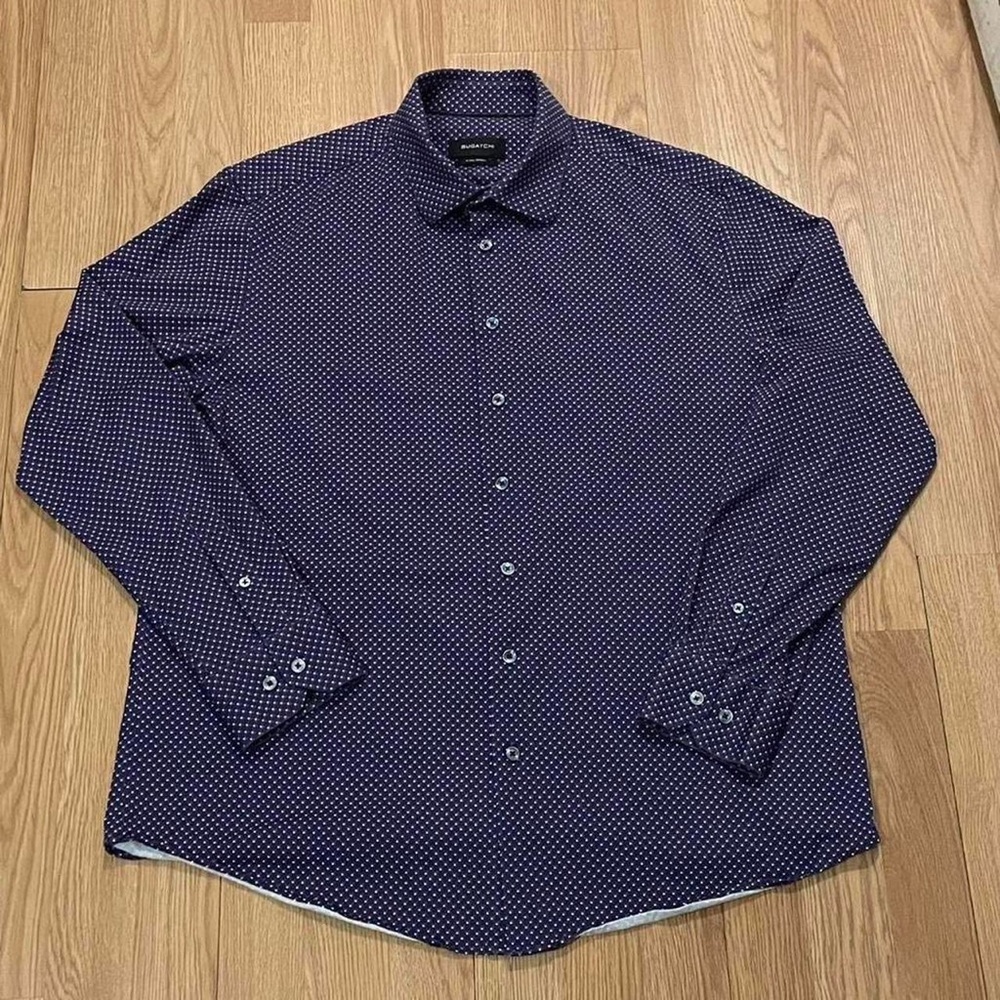 Bugatchi Mens XL Long Sleeve Button Down Shirt Purple Geometric 8 Way Stretch